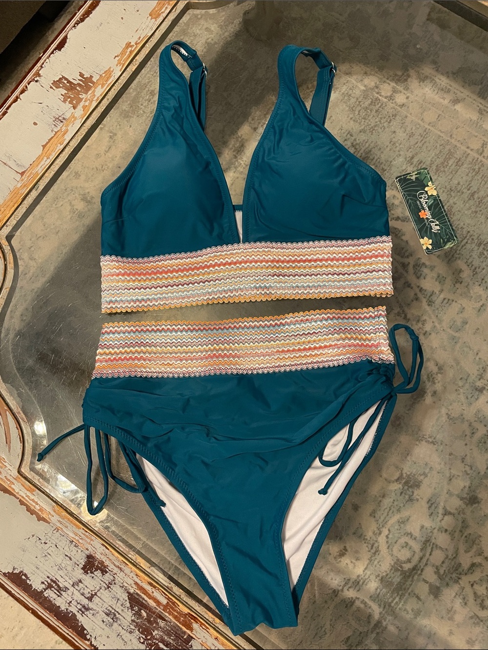 Tik Tok Viral, Teal Two-Piece Bikini with Slimming Multicolor Smocked Band